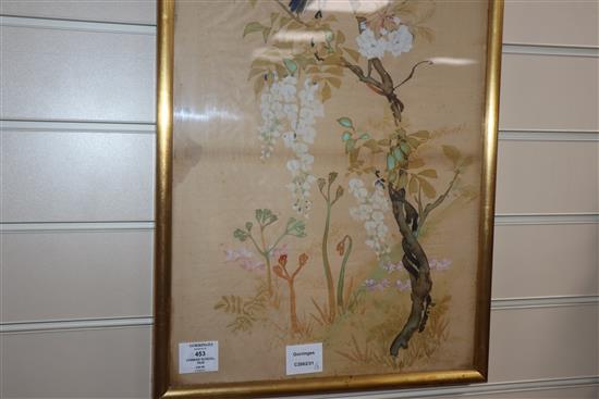 Chinese School, pair of gouache on silk, Studies of birds on flowering trees, 80 x 34cm